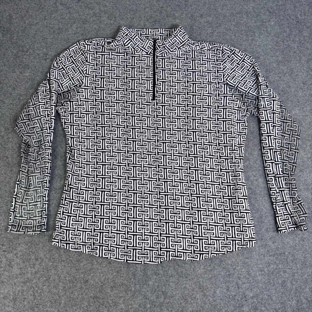 IBKUL Womens XL Sun Shirt Black White Greek Key Quarter Zip Long Sleeve Mesh